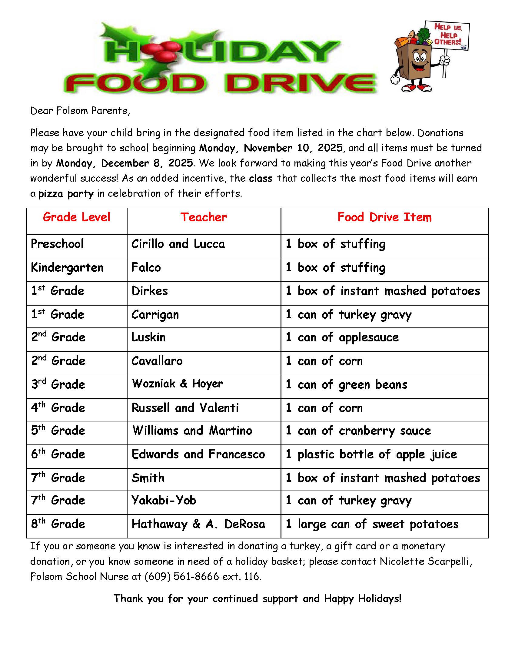 Holiday Food Drive /  Nov. 10th until Dec. 8th